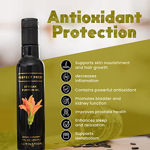 Perfect Press® Styrian Pumpkin Seed Oil, Made with Raw Pumpkin Seed Extract for Bladder Control & Prostate Health, Pumpkin Oil for Hair Growth & Healthy Skin, Non GMO, 8 fl oz - Activation Products