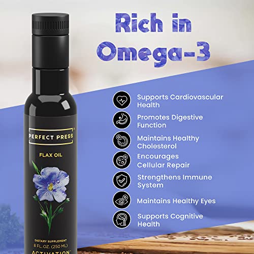 ACTIVATION Products - Perfect Press Flax Seed Oil, Pure Flax Oil with Vegetarian Omega 3 Fatty Acids, Flaxseed Oil Non GMO Blend for Heart Health and Digestive, Vegan Omega 3 Supplement, 250ml