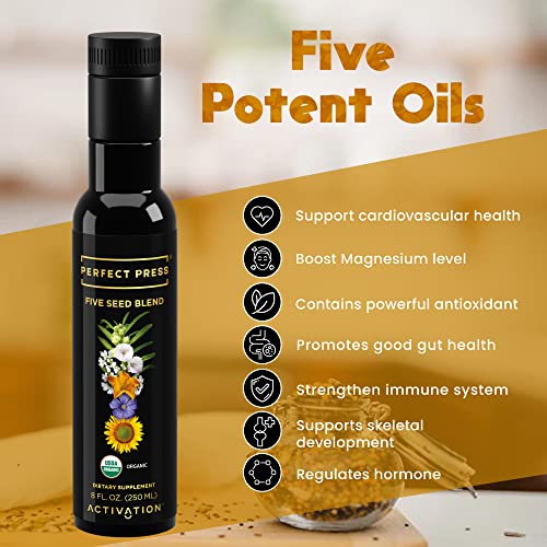 Activation Products - Perfect Press Five Seed Blend, With Non GMO Sesame Oil, Flaxseed Oil, Pumpkin Seed Oil, Sunflower Oil, and Coriander Seeds Oil, Vegan Omega 3 Supplement for Mind and Body, 250 ml