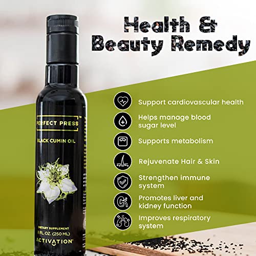 ACTIVATION Products - Perfect Press Black Cumin Seed Oil, Black Seed Oil for Hair Growth and Skin Health, Vegan Nigella Sativa Seeds Oil for Immune Defense and Digestive Support, Non GMO, 250 ml